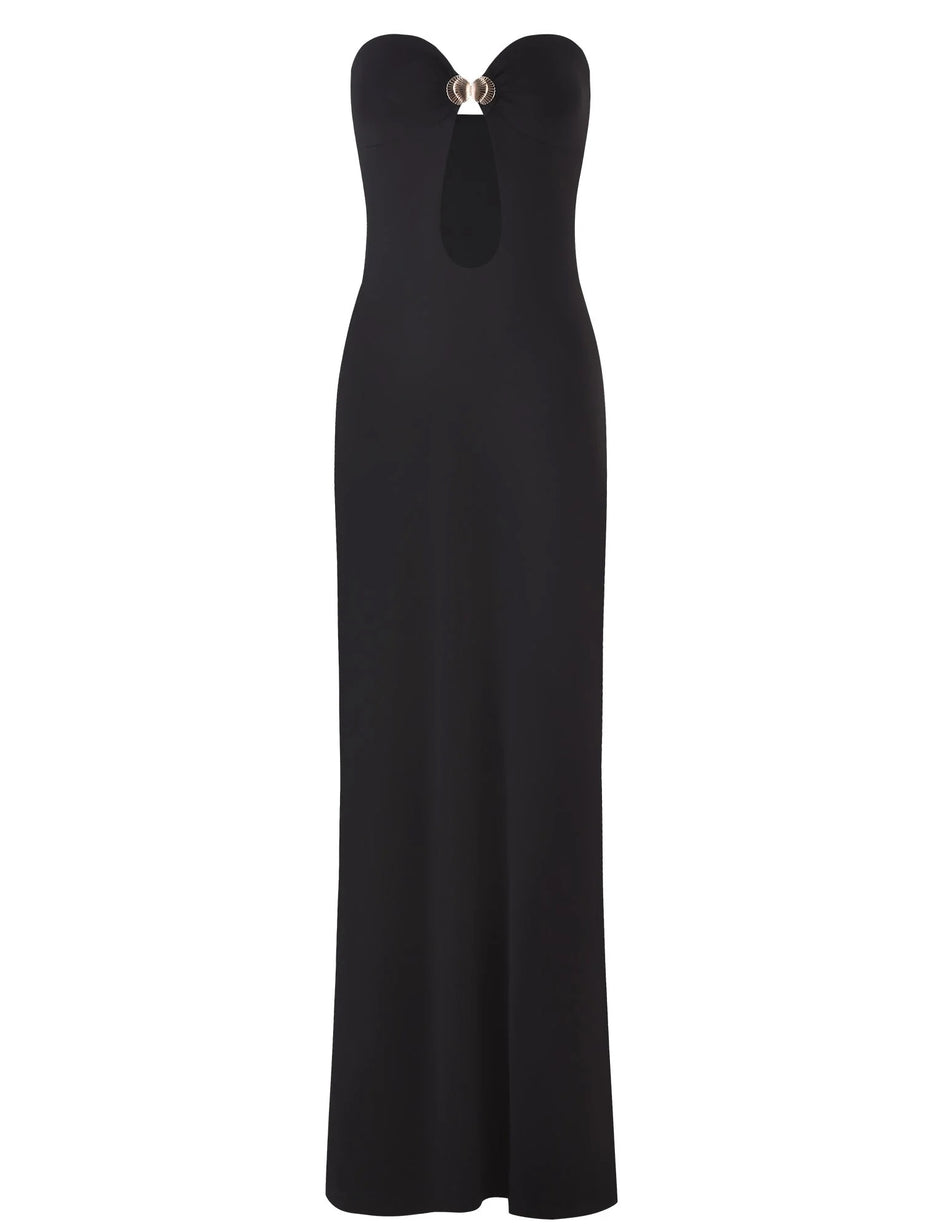 This stunning alt text test product from tigermist-dev is a long black strapless dress featuring a heart-shaped neckline and a front cutout. The top center of the neckline is adorned with an elegant gold detail, adding a chic touch to the overall look.